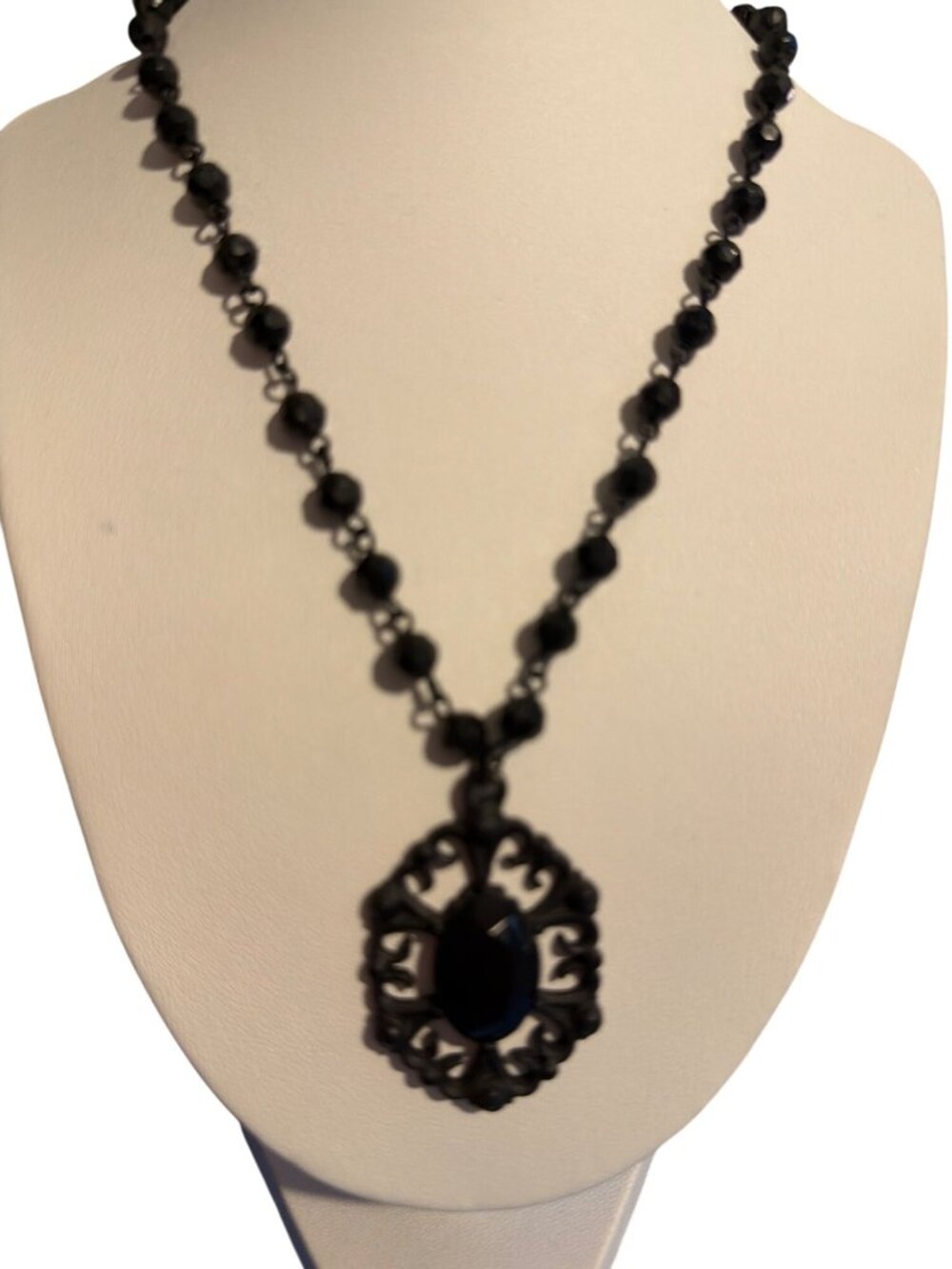 Black Gothic Beaded Necklace Pendant Faceted Gemstone Mourning Acrylic 16" Emo